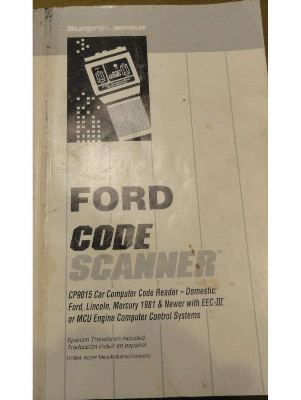 SUNPRO CODE SCANNER CAR COMPUTER CODE CP9015 FORD,LINCOLN,MERCURY MANUAL 1981-UP